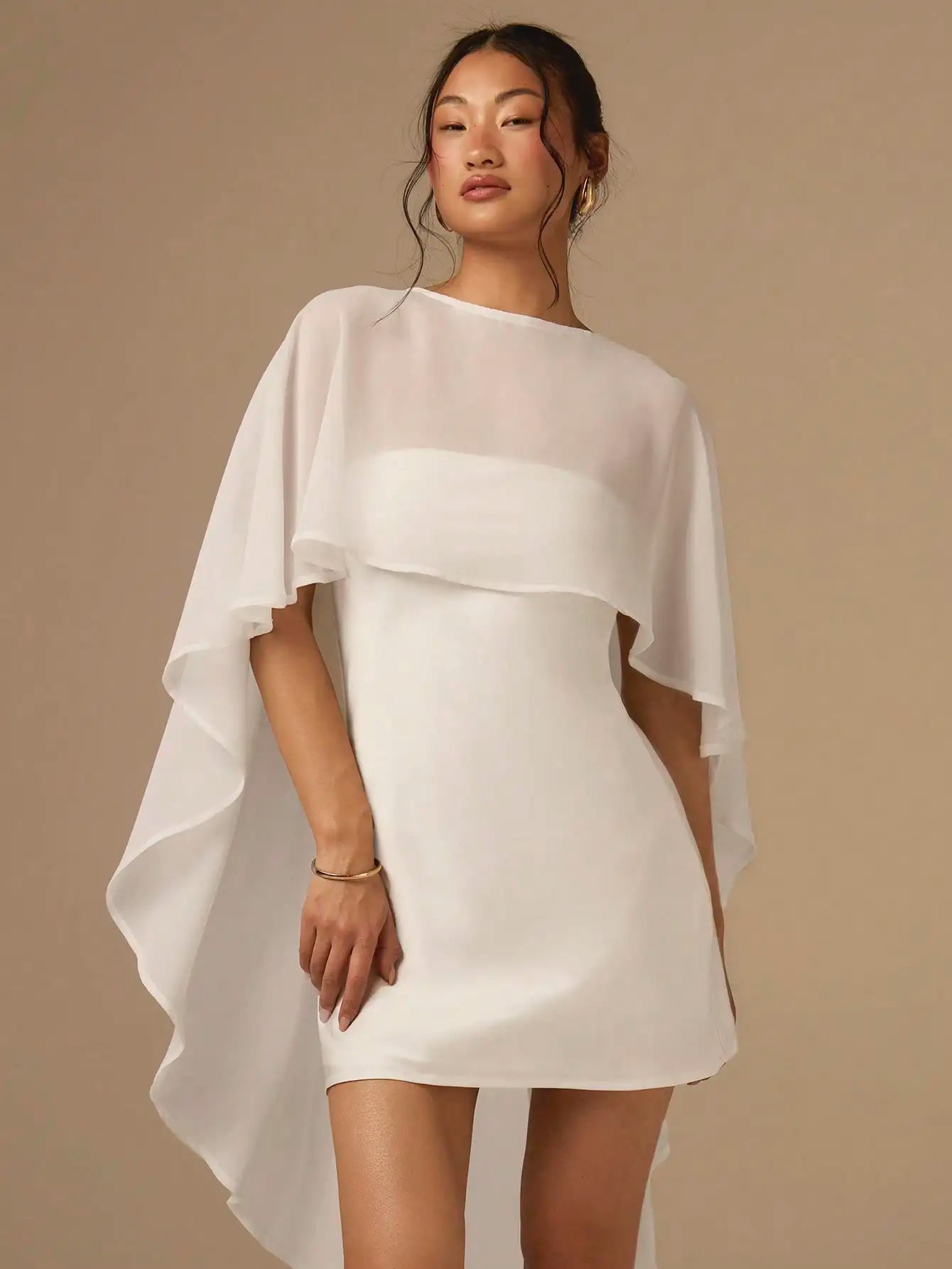 White Satin Mini Dress With Flowing Cape Shawl, Bias Cut Solid Cocktail Outfit For Wedding Party Event Vacation