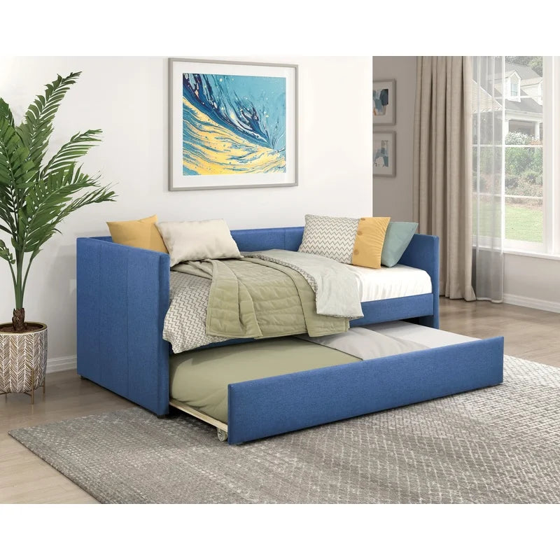 1pc Modern Blue Fabric Daybed with Wooden Frame and Trundle Storage