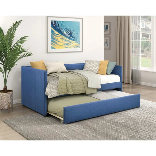 1pc Modern Blue Fabric Daybed with Wooden Frame and Trundle Storage