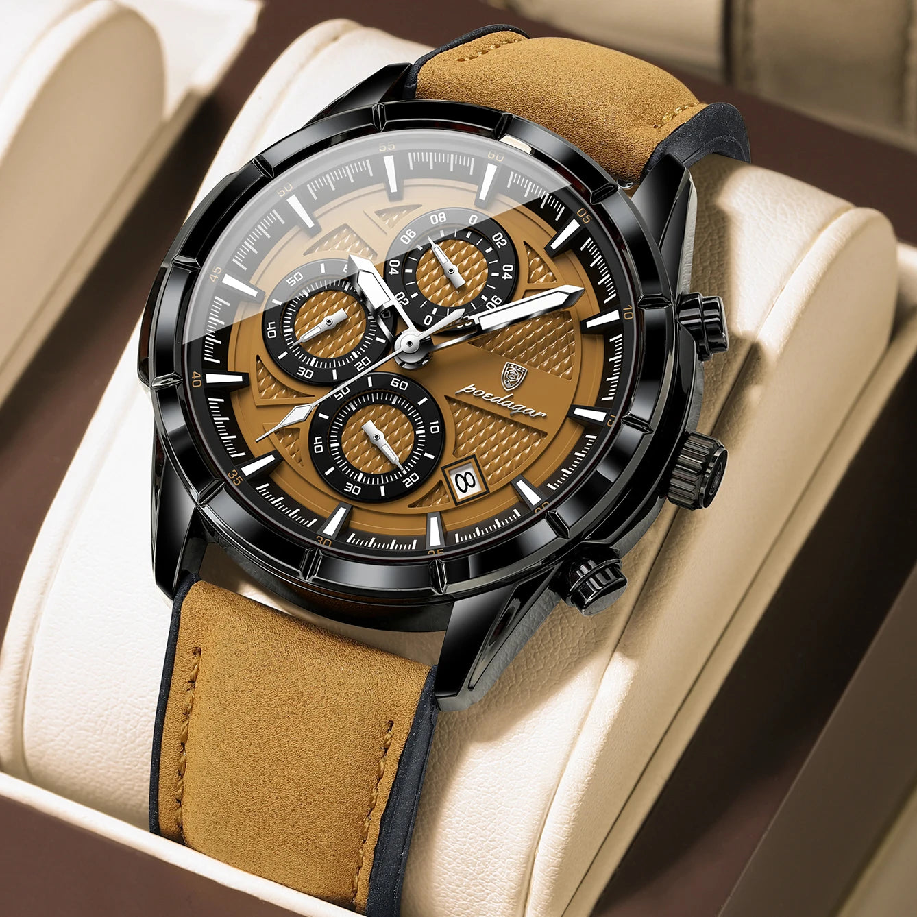 POEDAGAR Top Original Vintage Men Wristwatch Date Chronograph Fashion Leather Quartz Men's Watches Waterproof Luminous Business Man Watch High Quality Reloj