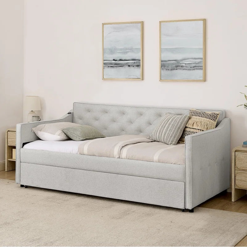 Twin Upholstered Daybed with Pop-Up Trundle and USB Charging