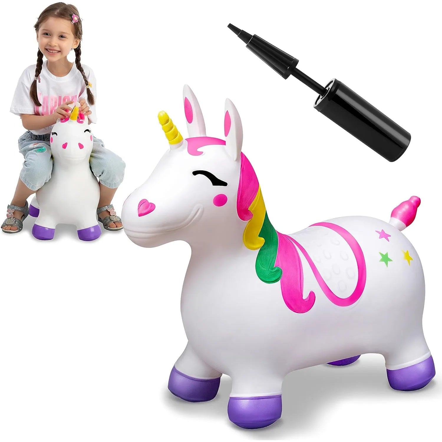 JOYFY Kids Bouncy Unicorn Horse Ride On Toys Bouncer Bouncing Animal Hopper Inflatable Hopping Toy for Birthday Christmas Gifts