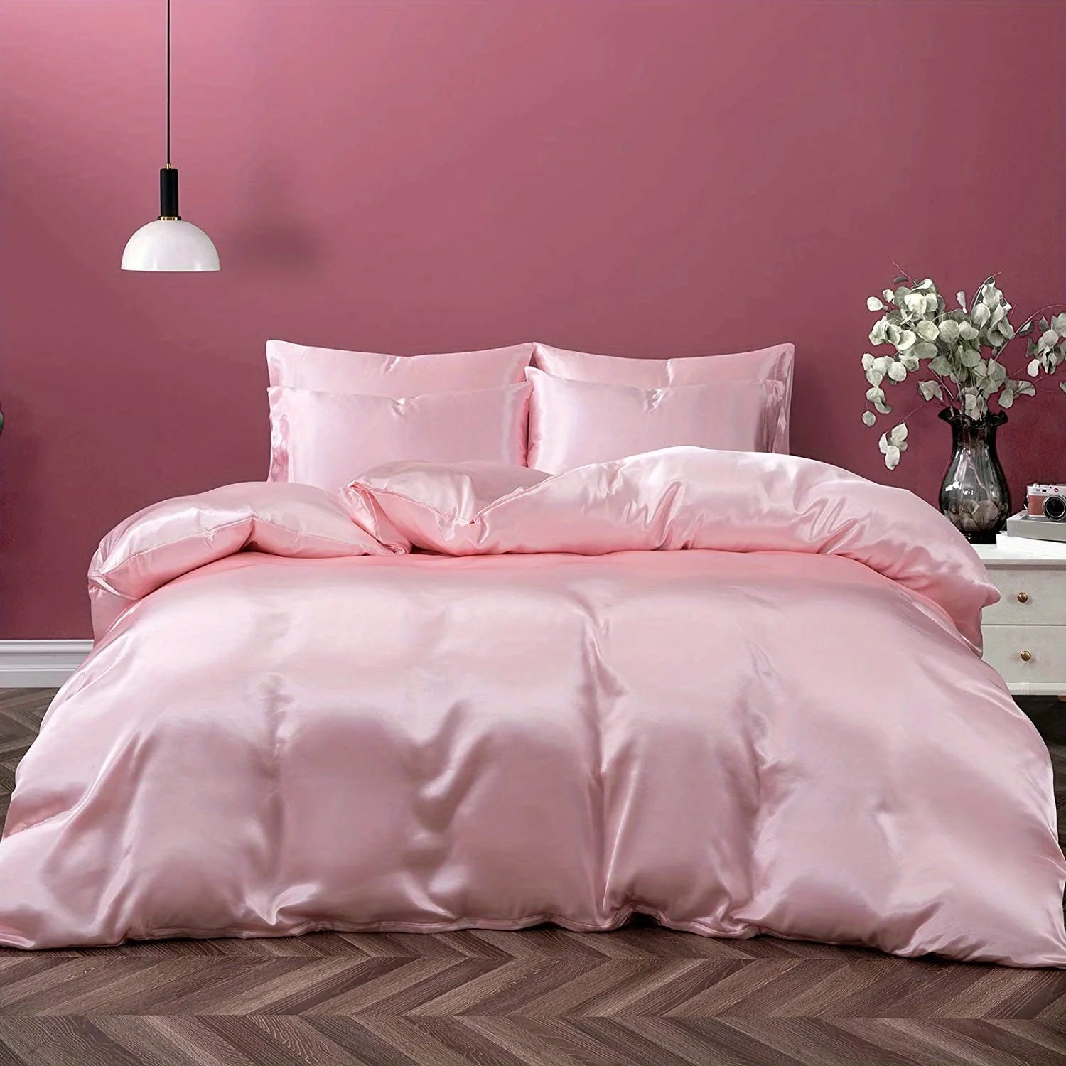 Satin Solid Color Ultra-Soft 3-Piece Duvet Cover Set, Cool and Super Soft Solid Color Bedding Set with Pillowcases, Skin-Friendly and Suitable for All Seasons, Bedroom Home Decor (Duvet Not Included)