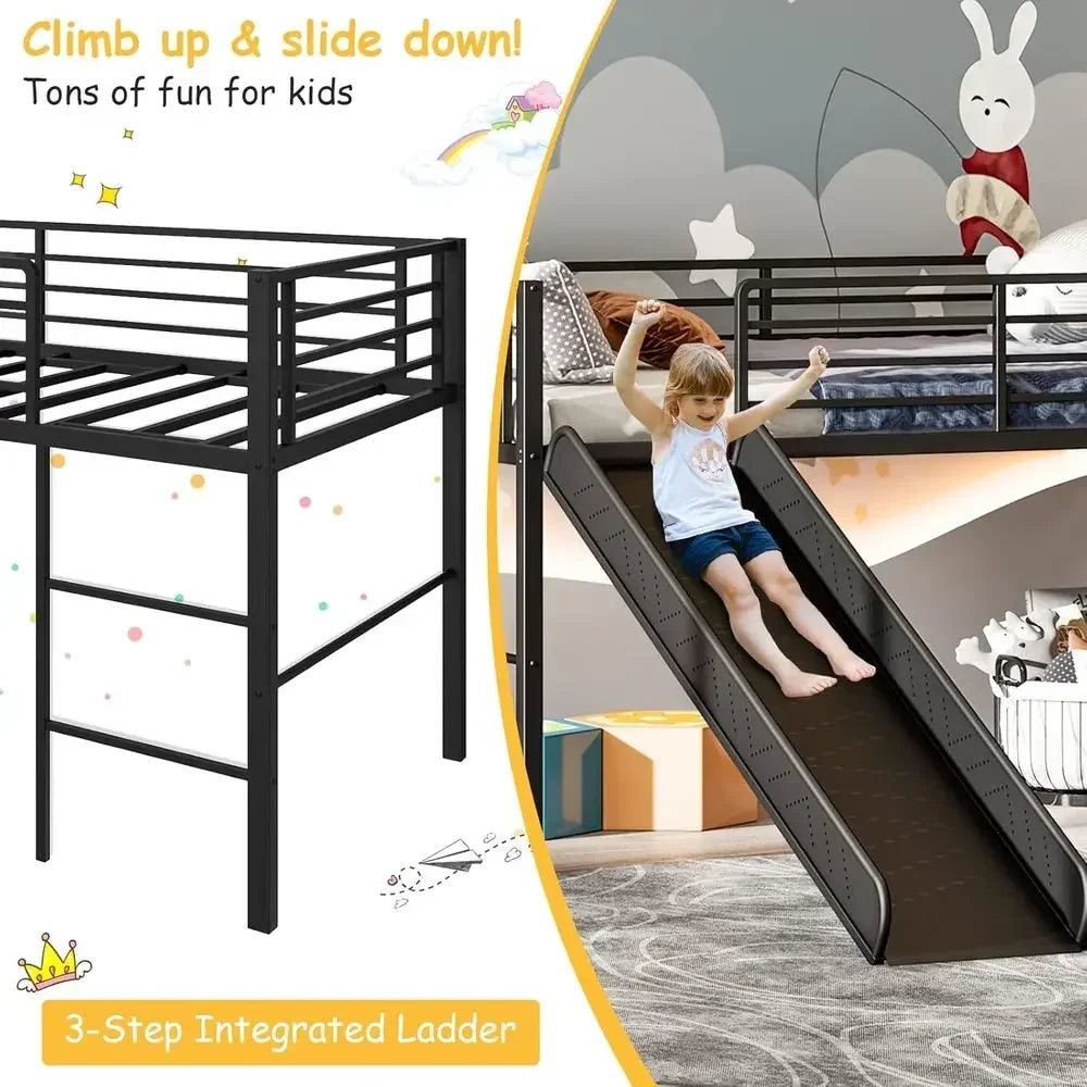 Twin Over Full Bunk Bed with Slide, Metal Frame, Safety Rails, Ladder - Black