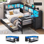 Corner Twin Bed Frame with Desk,Charging Station and Bookcase Storage Twin Size Daybed for Kids Teen with Storage Drawers,Led L