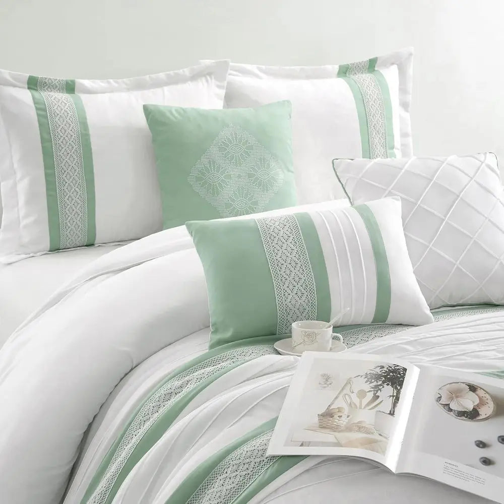Queen Size Sage Green 7-Piece Comforter Set with Microfiber All-Season Bedding, Bed Skirt, Pillows, and Shams