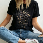 Women's Plus-Size Black T-Shirt with Rose Gold Glitter Butterfly Design — 100% cotton, oversized fit, crew neck, short sleeves; perfect for fans of gothic floral aesthetics and ideal for casual street style.