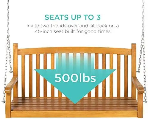 48in Wood Porch Swing Outdoor Patio Hanging Bench Chair Furniture for Deck, Garden, Yard w/Mounting Chains, Curved Back
