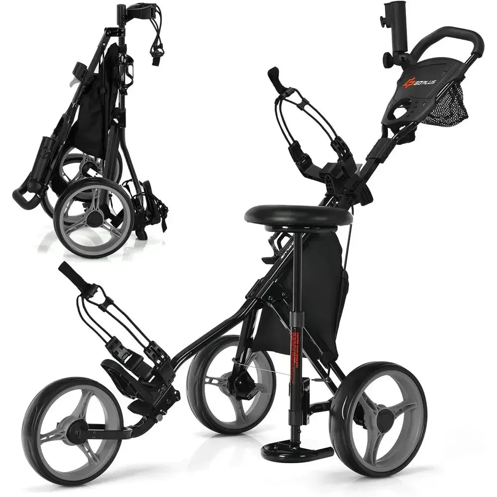 3-Wheel Folding Golf Cart with Adjustable Seat, Umbrella Holder, and Foot Brake for Men & Women