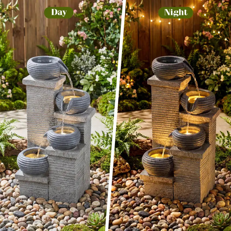 4-Tier Outdoor Water Fountain Cascading Bowl Waterfall Fountain with LED Lights