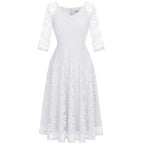 Dressystar Womens Long-Sleeve Wedding Guest Dress A-Line Lace Formal Party Cocktail Midi Dress Prom Gown