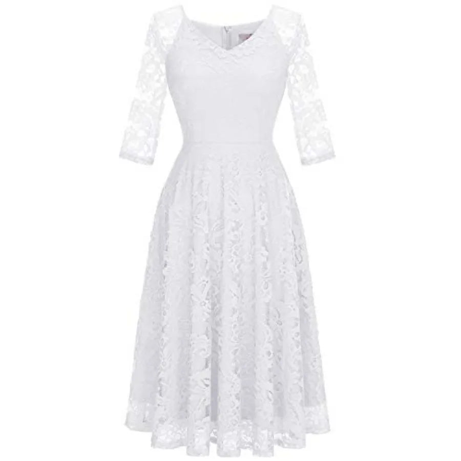 Dressystar Womens Long-Sleeve Wedding Guest Dress A-Line Lace Formal Party Cocktail Midi Dress Prom Gown