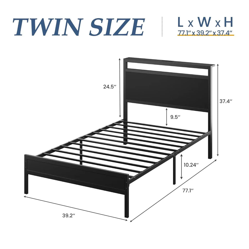 Twin Bed Frame with Headboard & Footboard, Twin Bed Frame with Charging Station & LED Light, Under-Bed-Storage, No, Customized