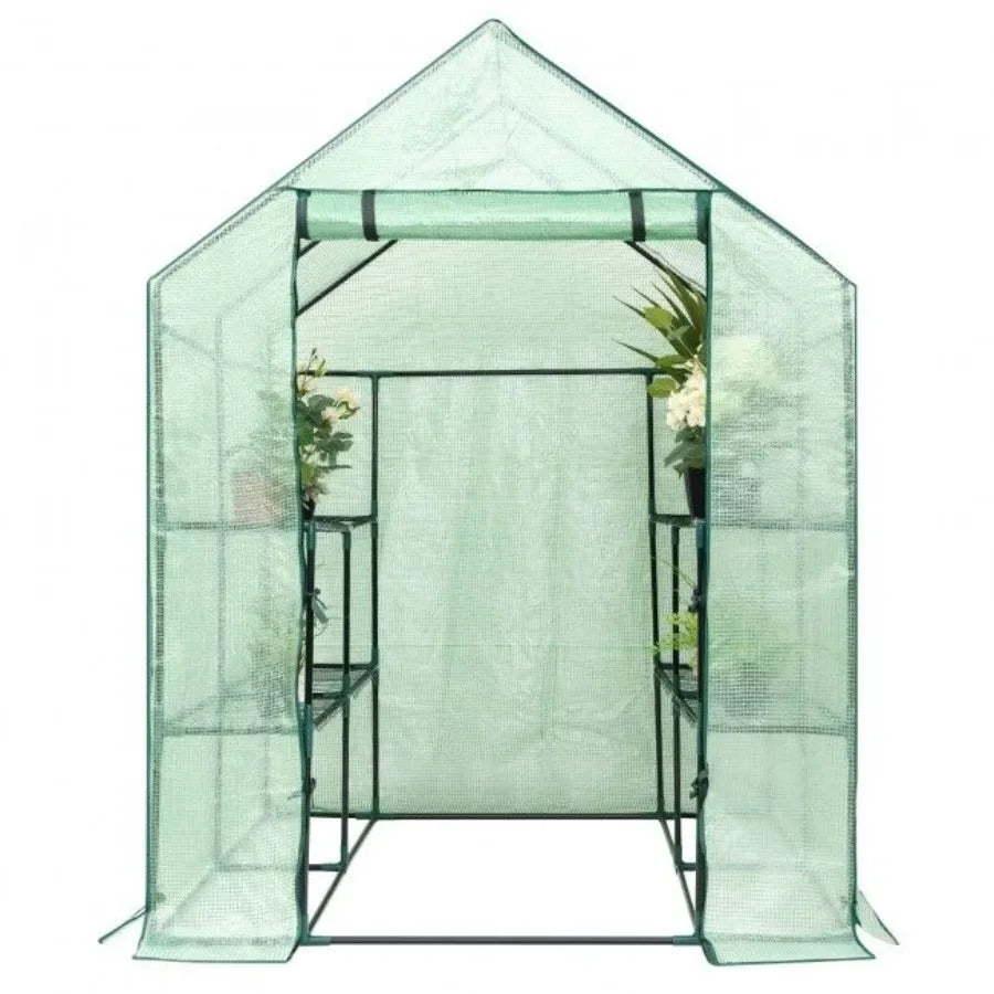 Outdoor gardening plant greenhouse with 8 shelves, durable polycarbonate material, green color, UV-resistant and ventilated des