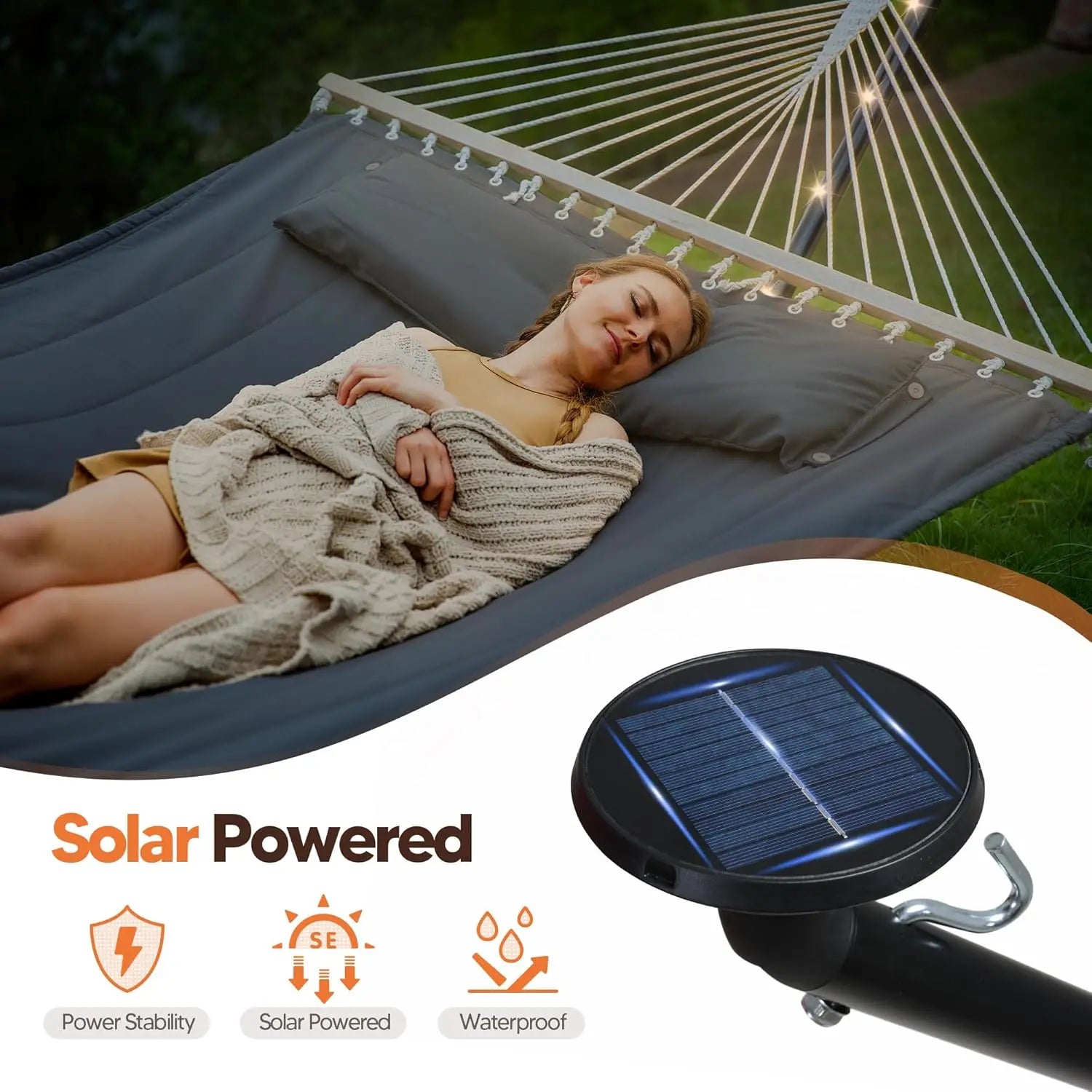Outdoor Double Hammock with 12 ft Stand and Solar Powered Lights in Dark Gray