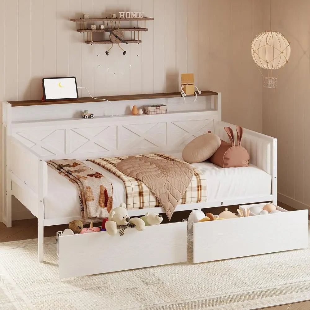 Twin Daybed with Storage, Metal Frame, X-Headboard, Charging Station, White/Walnut Upholstered