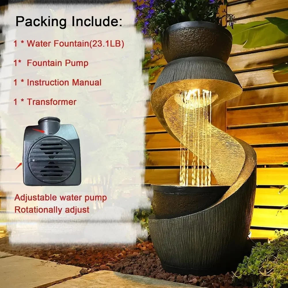 S-Shaped Outdoor Waterfall Fountain with LED Lights and Planter Bowl for Garden, Patio, Balcony, or Yard Decor