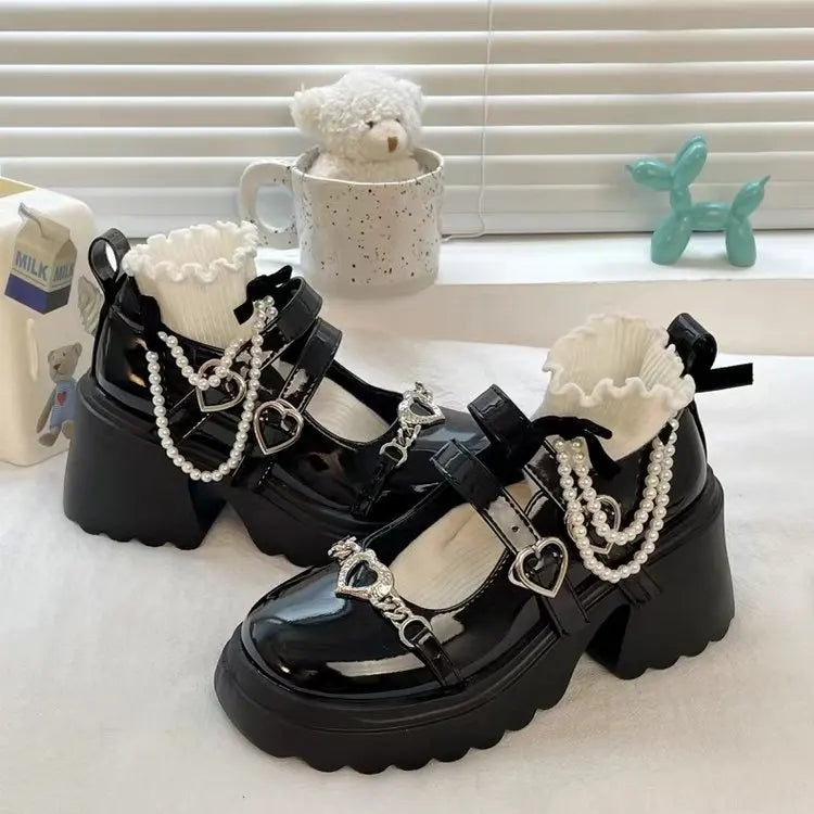 2024 Sweet Heart-Shaped Buckle Lolita Shoes Women Patent Leather Platform Mary Janes Chunky Heels Pumps
