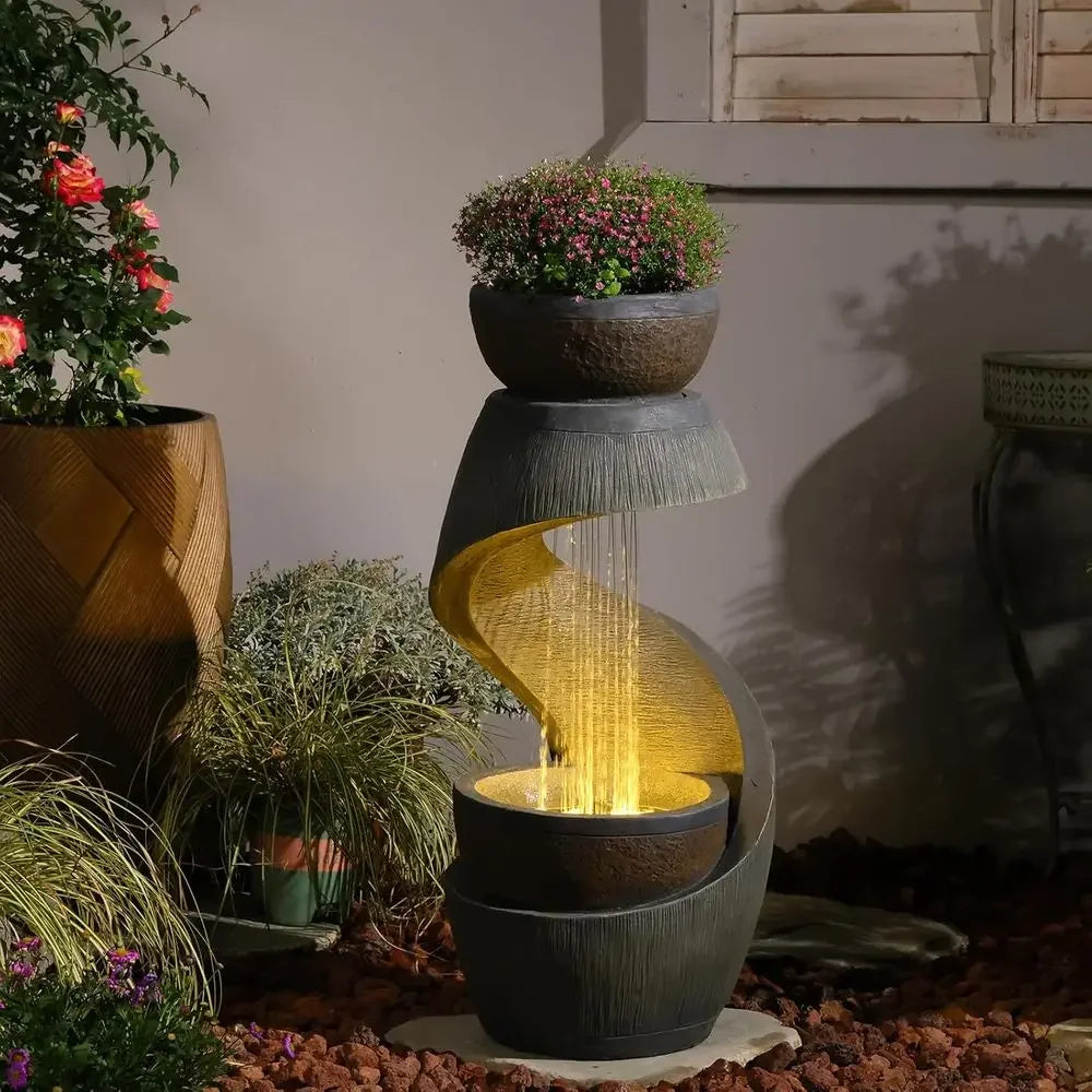 S-Shaped Outdoor Waterfall Fountain with LED Lights and Planter Bowl for Garden, Patio, Balcony, or Yard Decor