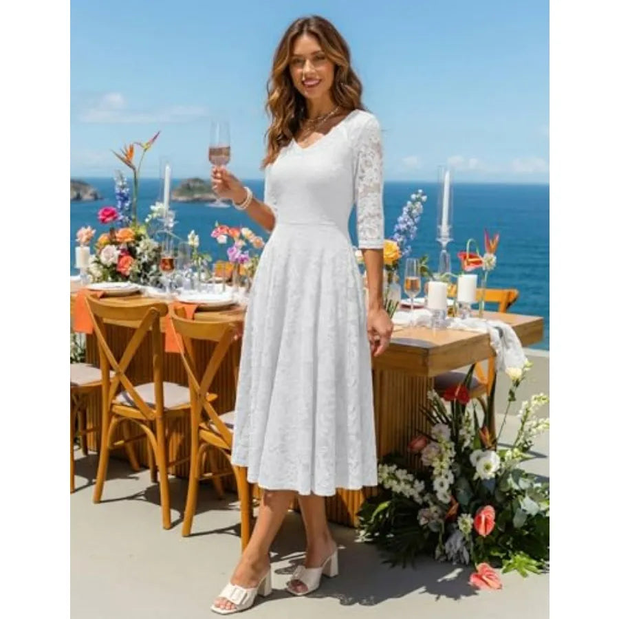 Dressystar Womens Long-Sleeve Wedding Guest Dress A-Line Lace Formal Party Cocktail Midi Dress Prom Gown