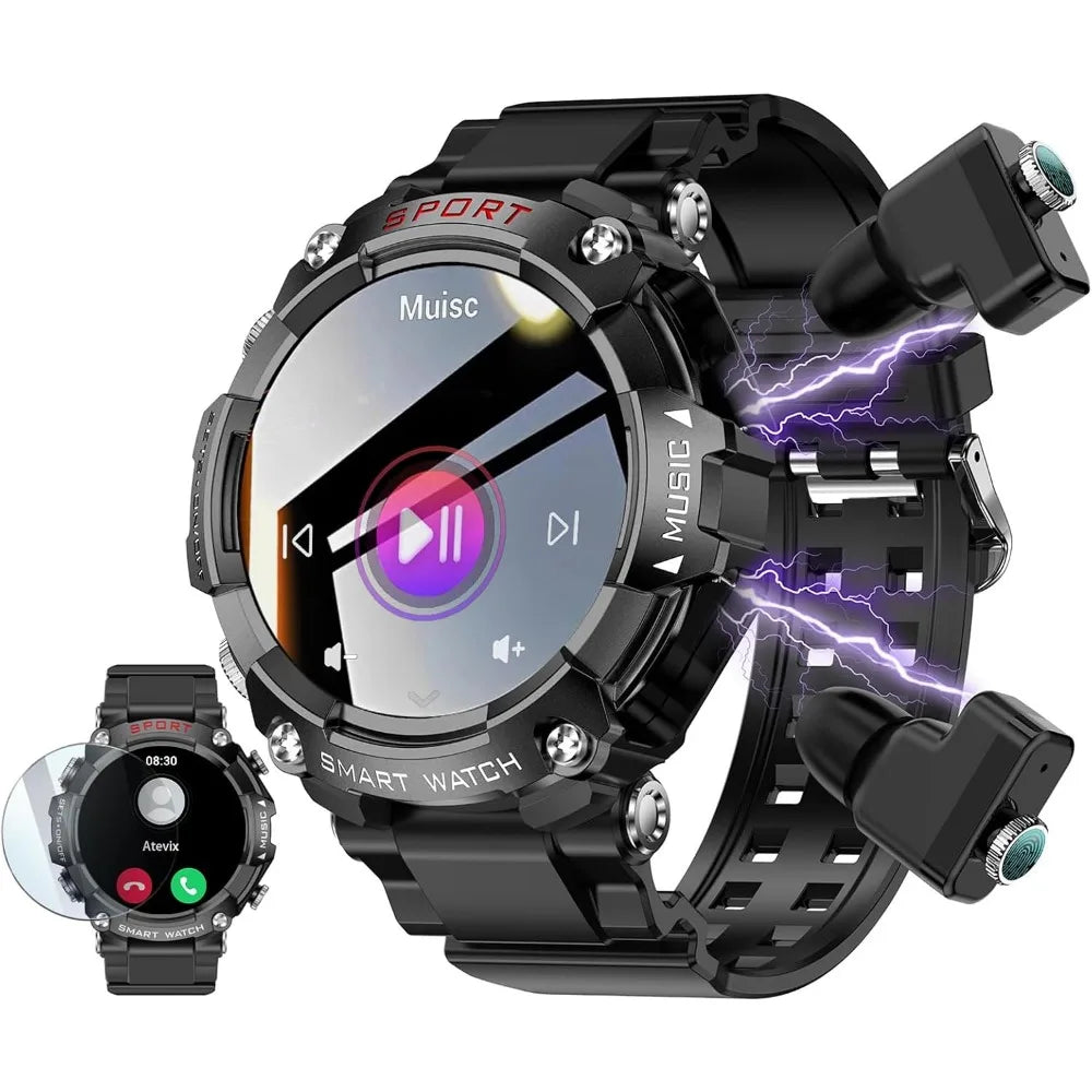 Bluetooth Smartwatch and Earbuds, Fitness Tracker for Men with Call Features, Military Grade for Sports