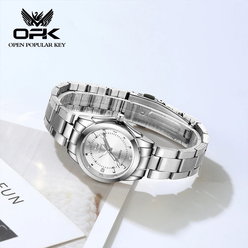 OPK 6002 Quartz Movement Elegance Watch For Women Chronograph Dial Stainless Steel Bracelet HD Luminous Function Life Waterproof Watch