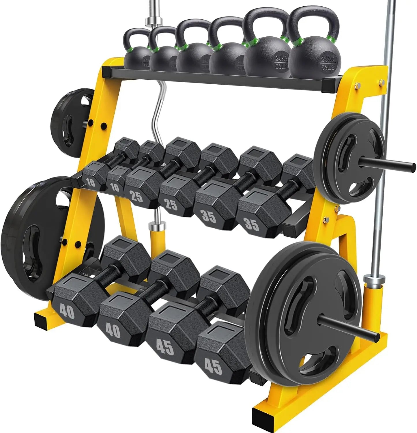 Heavy Duty Three Tier Dumbbell Rack Stand Multifunctional Weight Rack Storage Holder Display Stand Base Unit For Dumbbell Kettlebell Barbell Plate Barbell Bar Home Gym Yellow Black