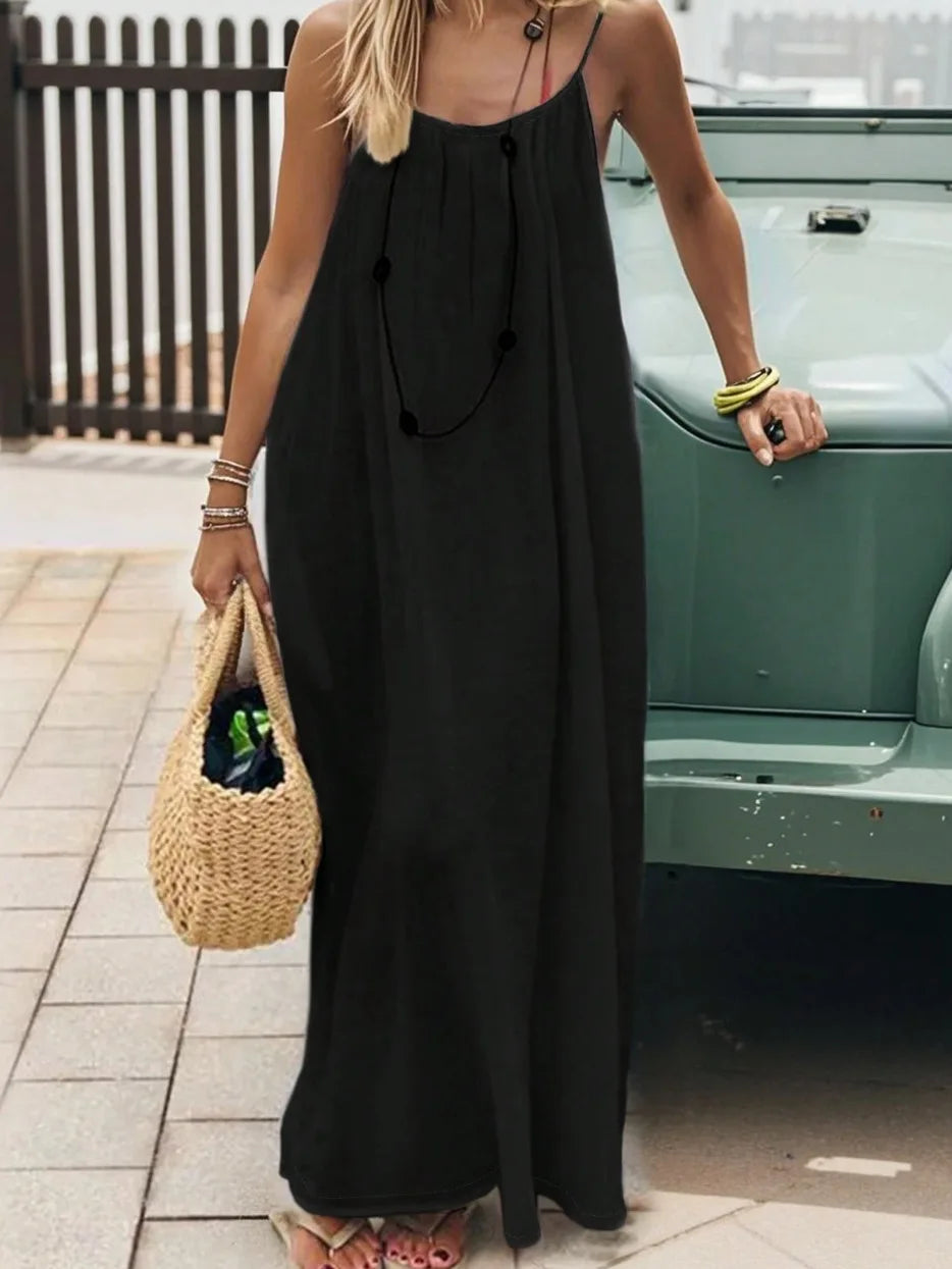 Pleated Halter Maxi Dress Elegant Women Dress Long Halter Sleeveless Backless Pleated Loose Beach Party Summer