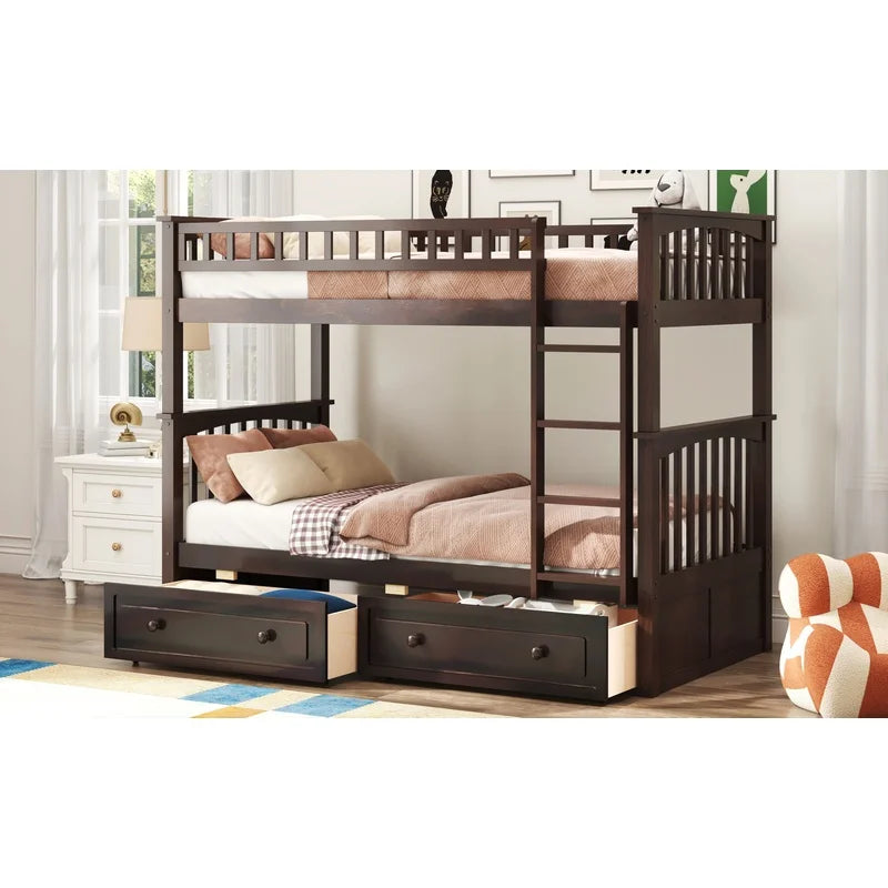Espresso Twin Over Twin Bunk Bed with Storage Drawers, Convertible Design
