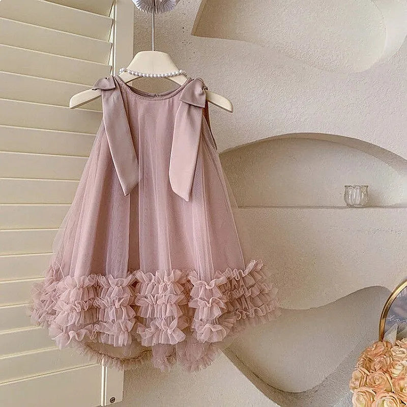 Bear Leader 2025 Korean Bow Sleeveless Mesh Princess Dress Baby Girl Wedding Party Birthday Easter Summer