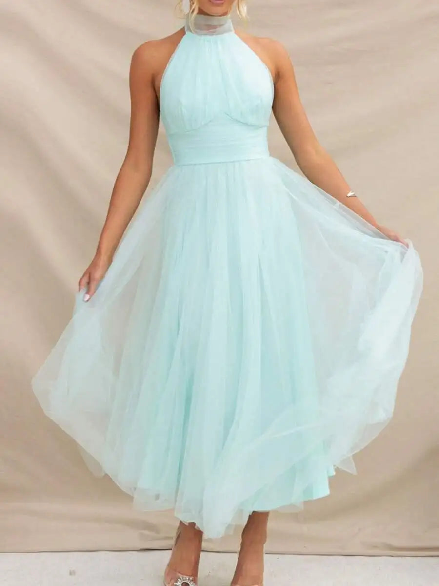 Women Backless Long Tulle Dress Adjustable Halter Neck High Waist Solid Party Wedding Dress