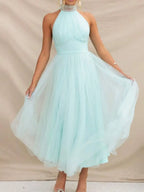 Women Backless Long Tulle Dress Adjustable Halter Neck High Waist Solid Party Wedding Dress