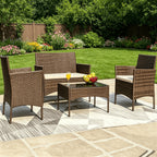 4-Piece Outdoor Rattan Patio Furniture Set, Brown PE Wicker Conversation Set With Cushions& Glass Coffee Table, Perfect For Backyard, Balcony, Poolside