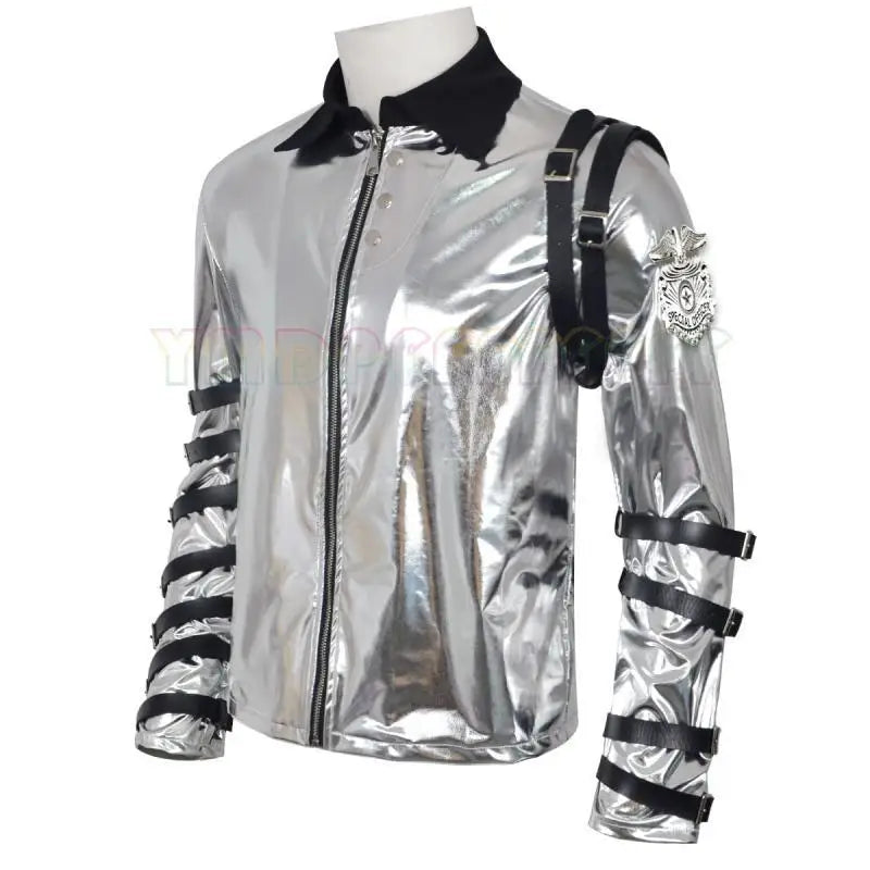A person named Michael imitates costumes cosplay costumes performance costum silver leather jackets Halloween stage costum