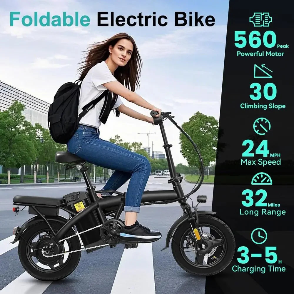 Compact 560-740W Electric Bike for Adults and Teens, 20-25MPH Speed, 32-Mile Range, 48V 10Ah Battery, 3-Level Assist, UL 2849 Ce