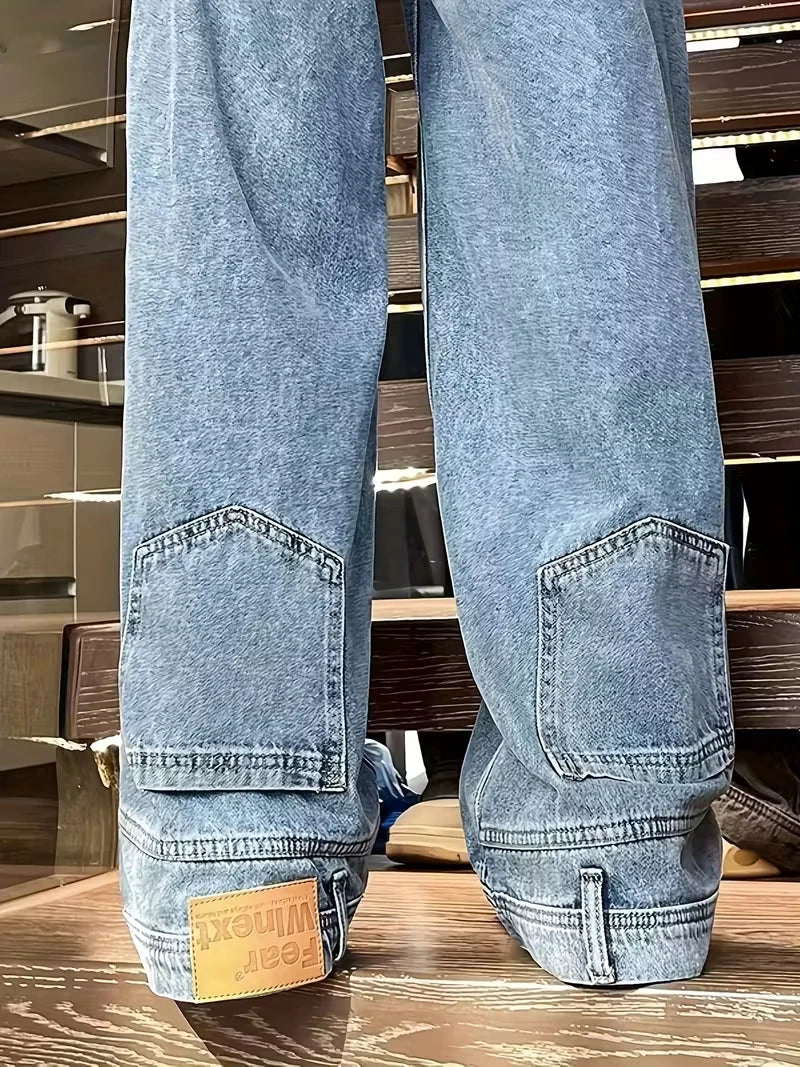 Men's Light Vintage Wash Baggy Wide Leg Jeans Knee Patch Detail Street Style Loose Fit Daily Casual Going Out Hip Hop Denim Trousers