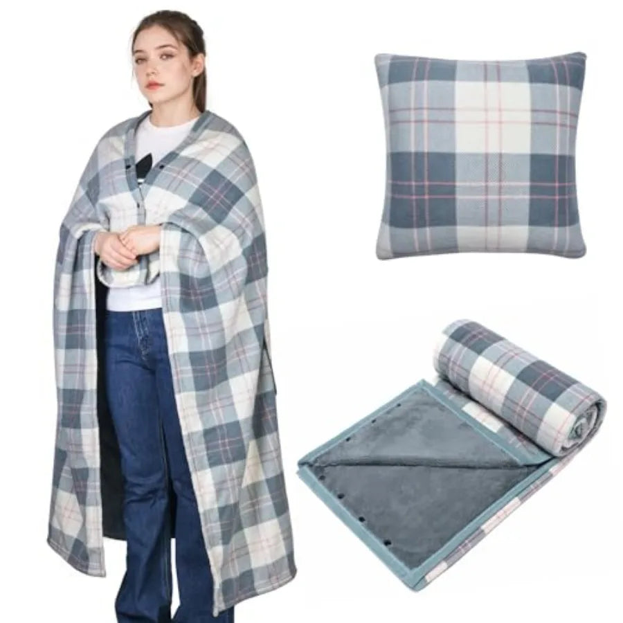 Wearable Blanket Compact Pillow 2-in-1, Lap Blanket Poncho with Button Plaid Throw Cushion for Home Office Sofa