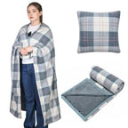 Wearable Blanket Compact Pillow 2-in-1, Lap Blanket Poncho with Button Plaid Throw Cushion for Home Office Sofa