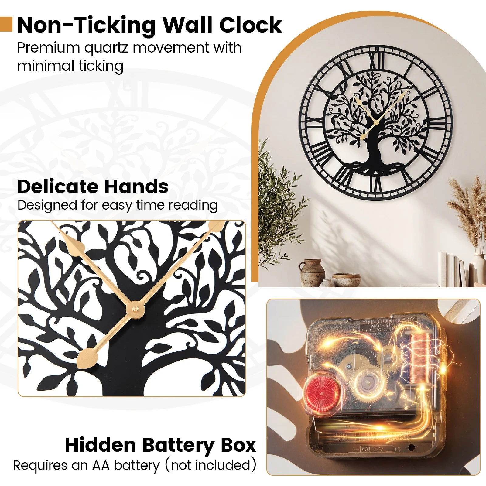 Large Wall Clock, 27” Tree of Life Big Metal Clock, Non-Ticking Decorative Clock