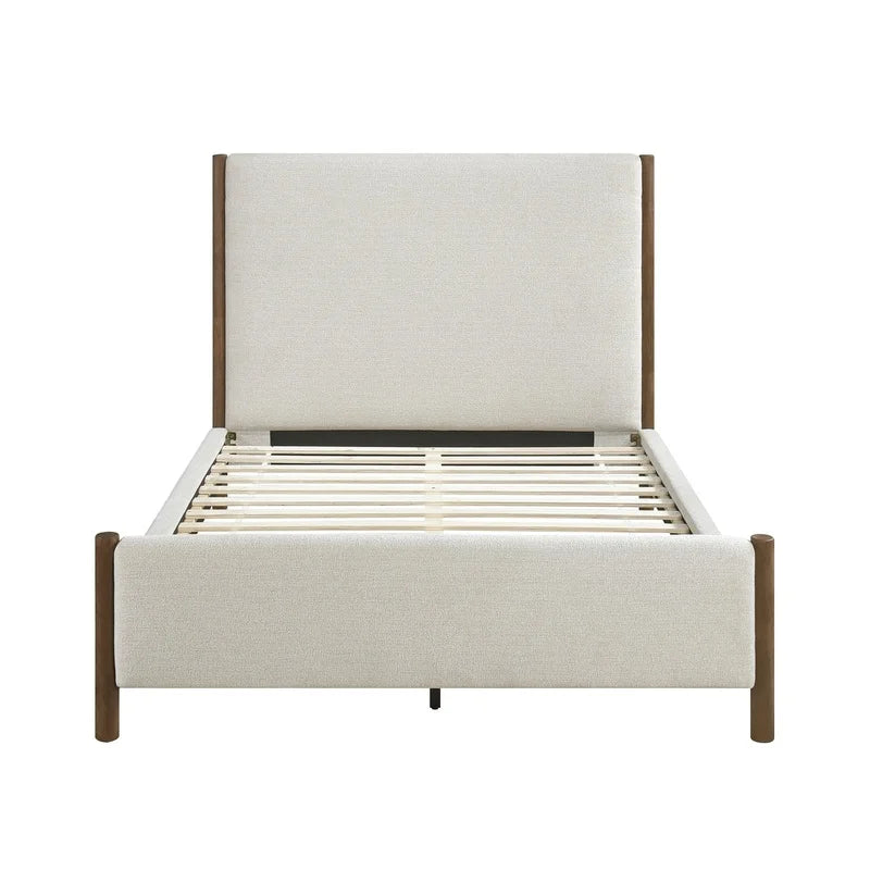 Queen Platform Bed, Soft Beige Chenille Upholstered, Solid Wood Frame, Modern Contemporary Design