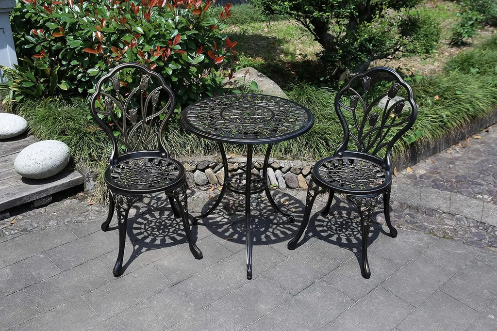 Cast Aluminum Bistro Set, Outdoor Patio Furniture Set, Balcony Garden Yard Table And Chairs, Weather Resistant Anti Rust Tulip Pattern Design, Antique Copper 3 Piece Set
