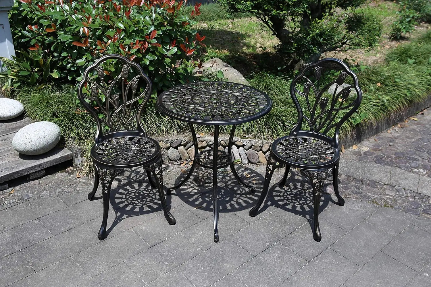 Cast Aluminum Bistro Set, Outdoor Patio Furniture Set, Balcony Garden Yard Table And Chairs, Weather Resistant Anti Rust Tulip Pattern Design, Antique Copper 3 Piece Set