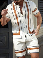 Men's Vertical Stripe Short Sleeve Button-Down Shirt And Shorts Set Summer Casual