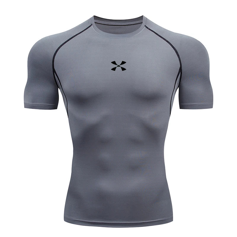 Summer Men Athletic Compression Short Sleeve Running T Shirt Elastic Polyester Quick Dry Gym Workout Fitness Top
