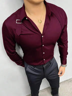 Men's Solid White Long Sleeve Shirt with Strap Detail, Slim Fit for Office or Casual Wear
