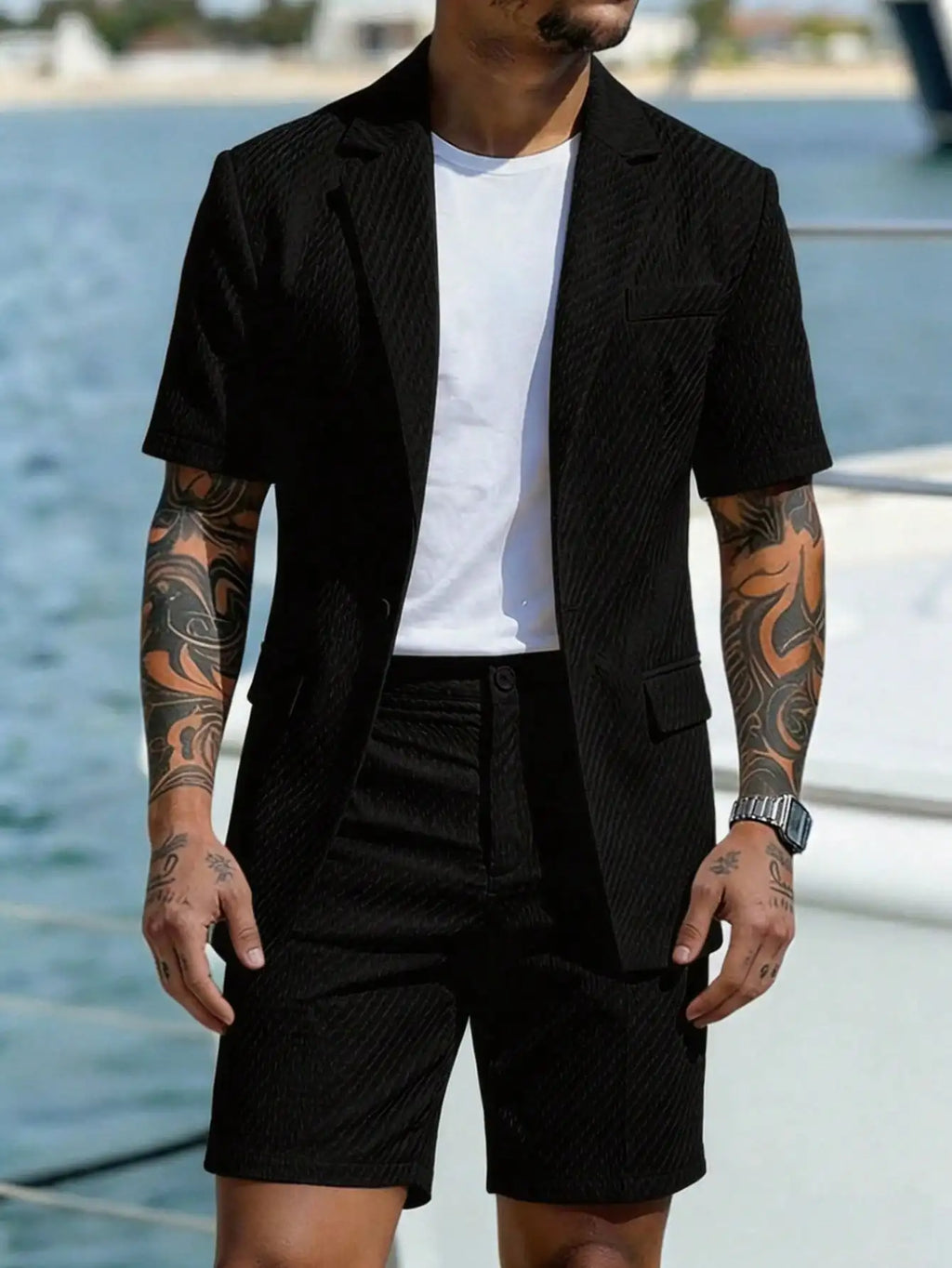 2pcs Men's Short Sleeve Suit Jacket And Shorts Set, Casual And Fashionable Daily Wear, Suitable As Gift For Male Friends