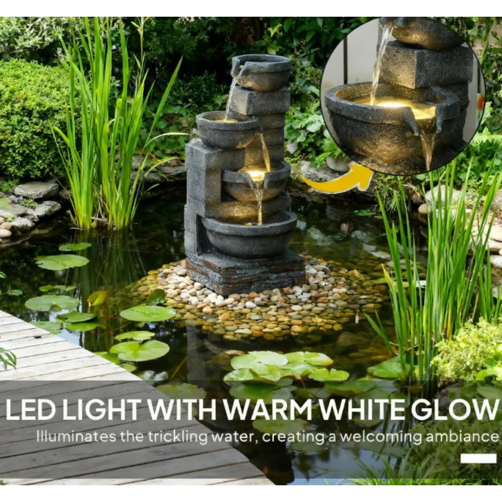 Garden Fountain,Tall Outdoor Waterfall Fountain with LED Lights, 4-Tier Resin Cascading Water Bowls with Pump On-Site