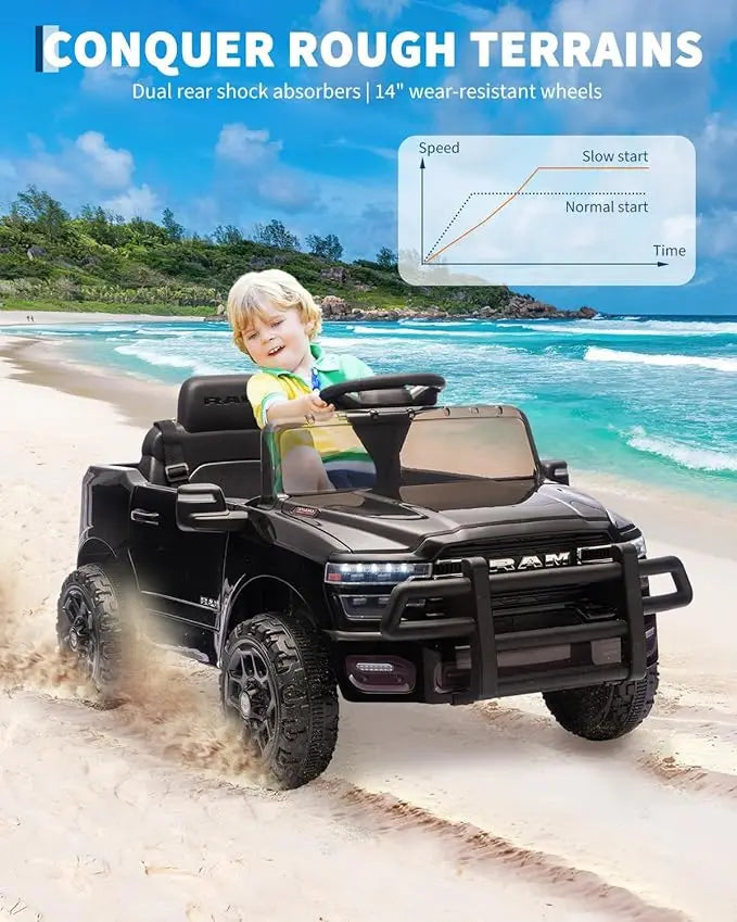 kids Ride On Cars, Licensed RAM 12V Electric Ride On Truck Car w/Remote Control, Electric Pickup Car for Toddlers, Spring Suspension, LED Lights, Music, Ride On Toys