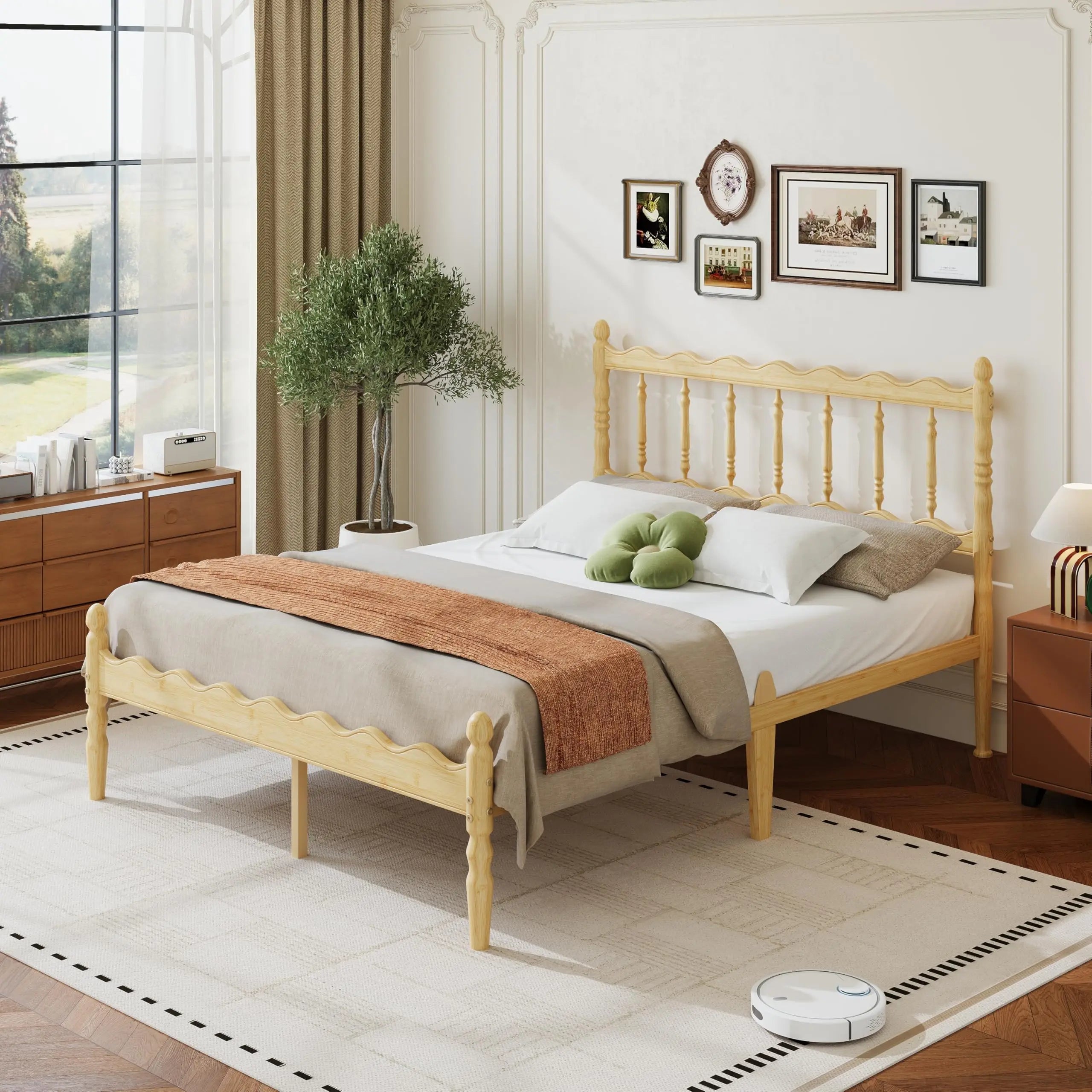 Twin XL Bamboo Platform Bed Frame With Scalloped Headboard 14 Inch Height Metal Slat Support