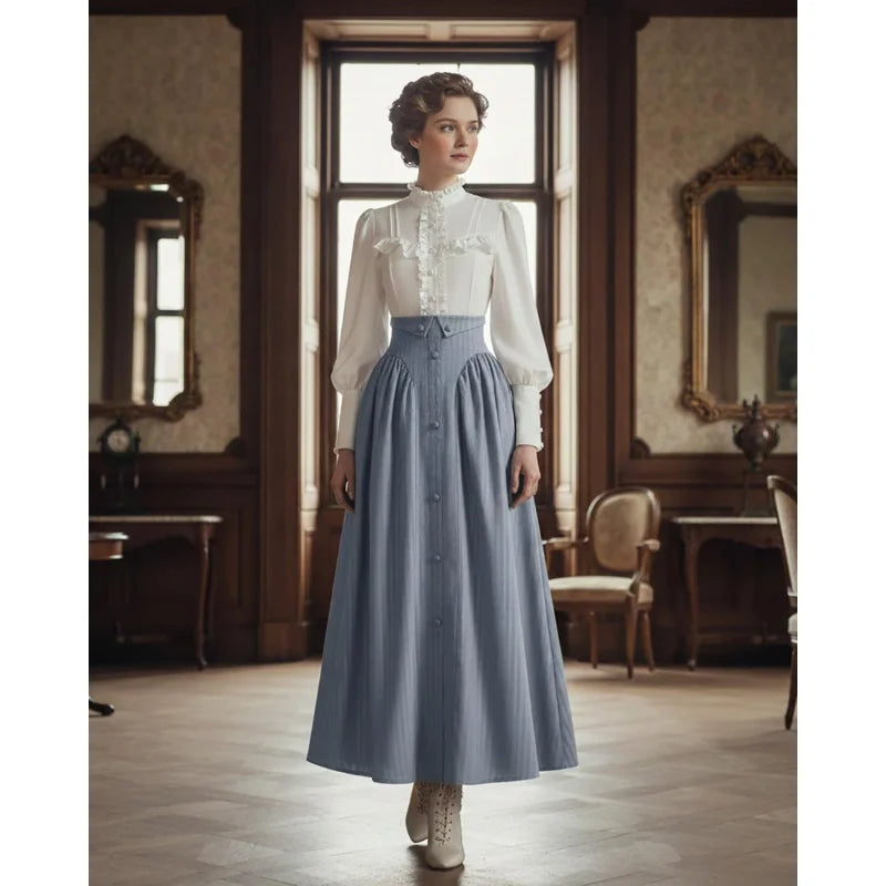 Victorian Dress for Women Edwardian Renaissance Costume Medieval Vintage 1800s Blouse Dresses 2 Piece